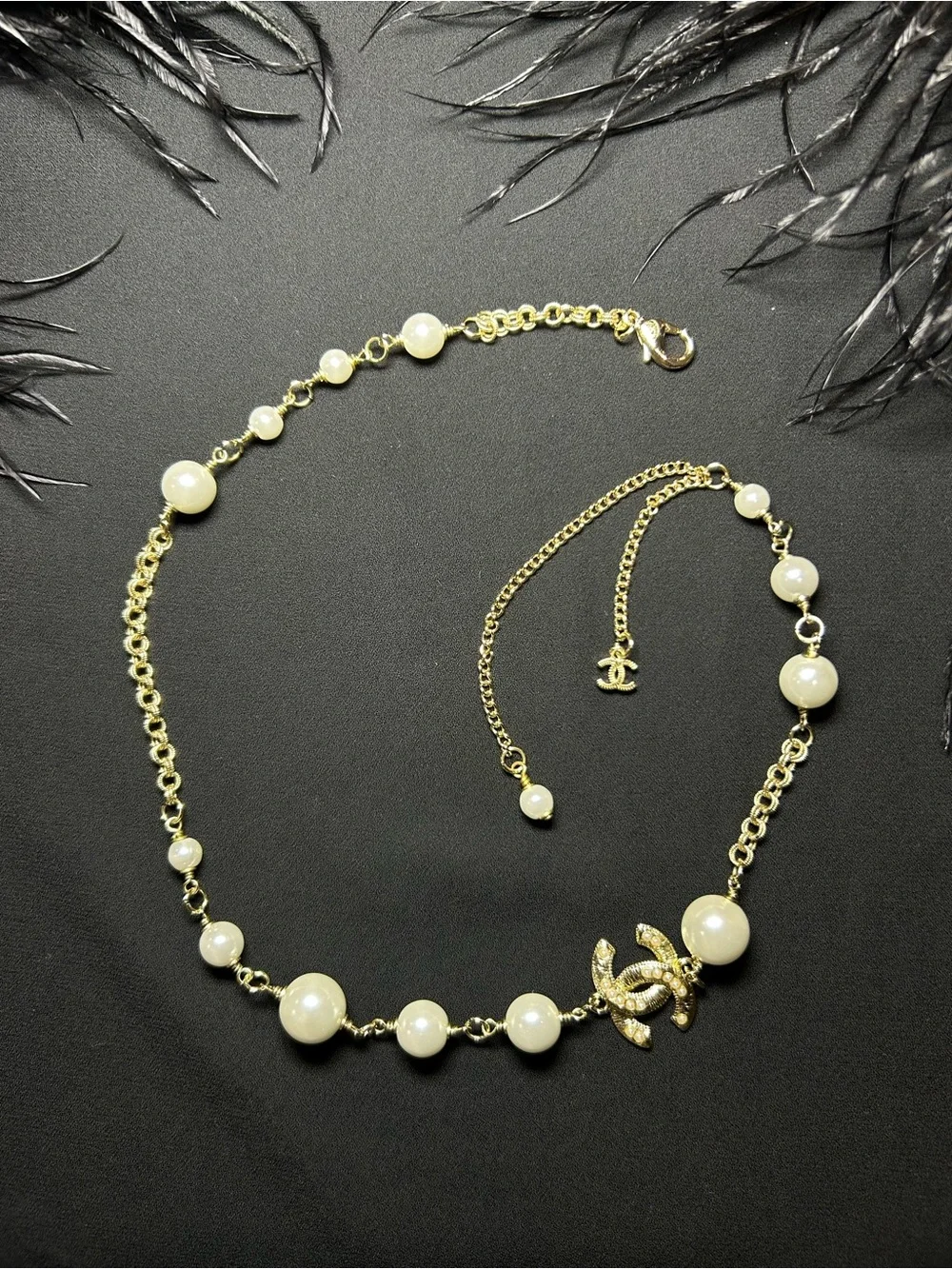 CHANEL Gold-Tone Pearl Necklace with Crystal CC Emblem